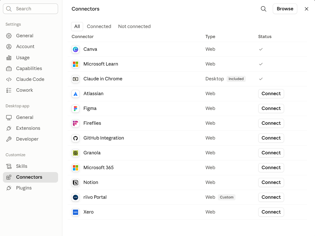 The Connectors settings page.