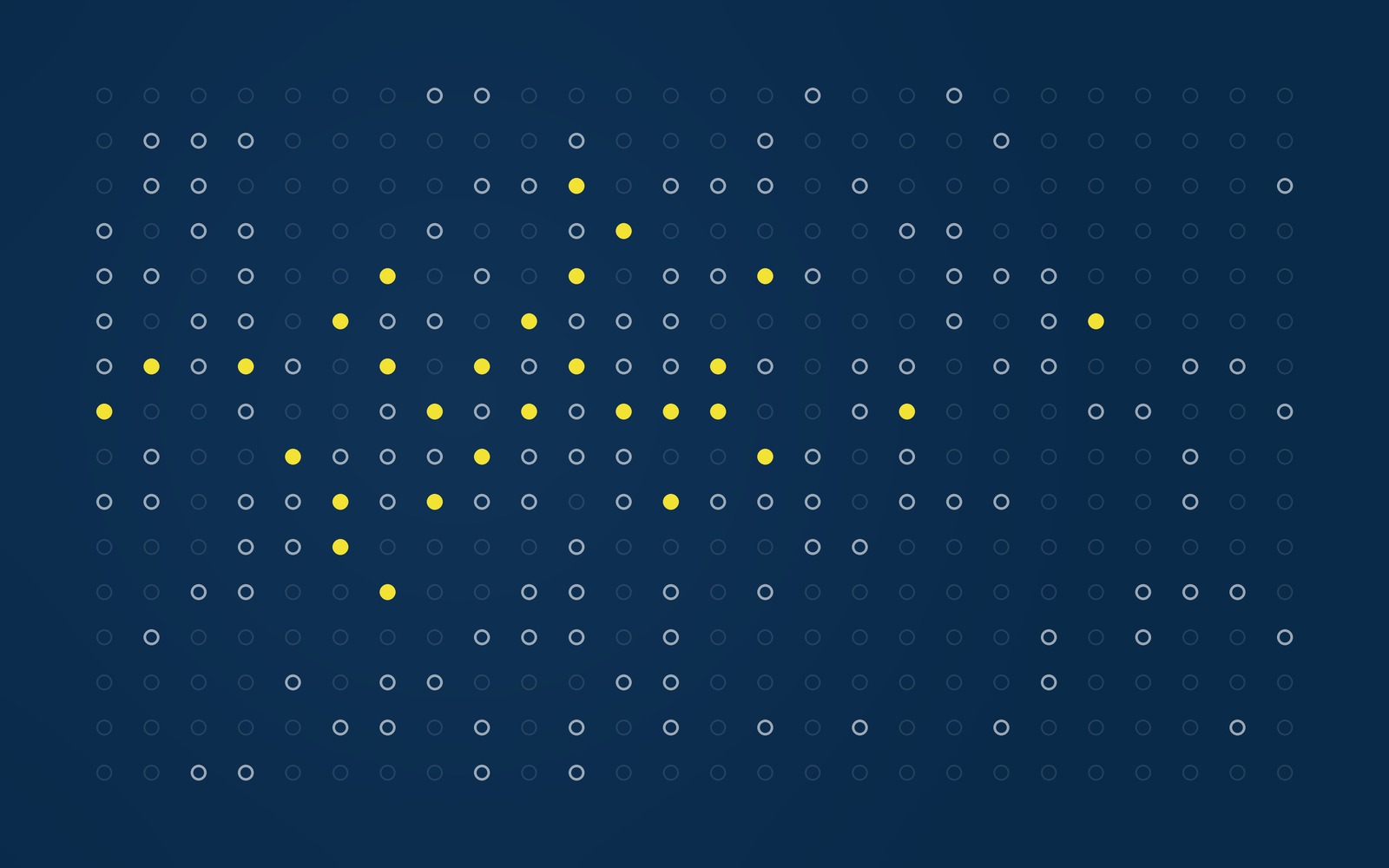 A grid of small circles on a navy field, most of them empty outlines, with a scattered minority filled in solid yellow