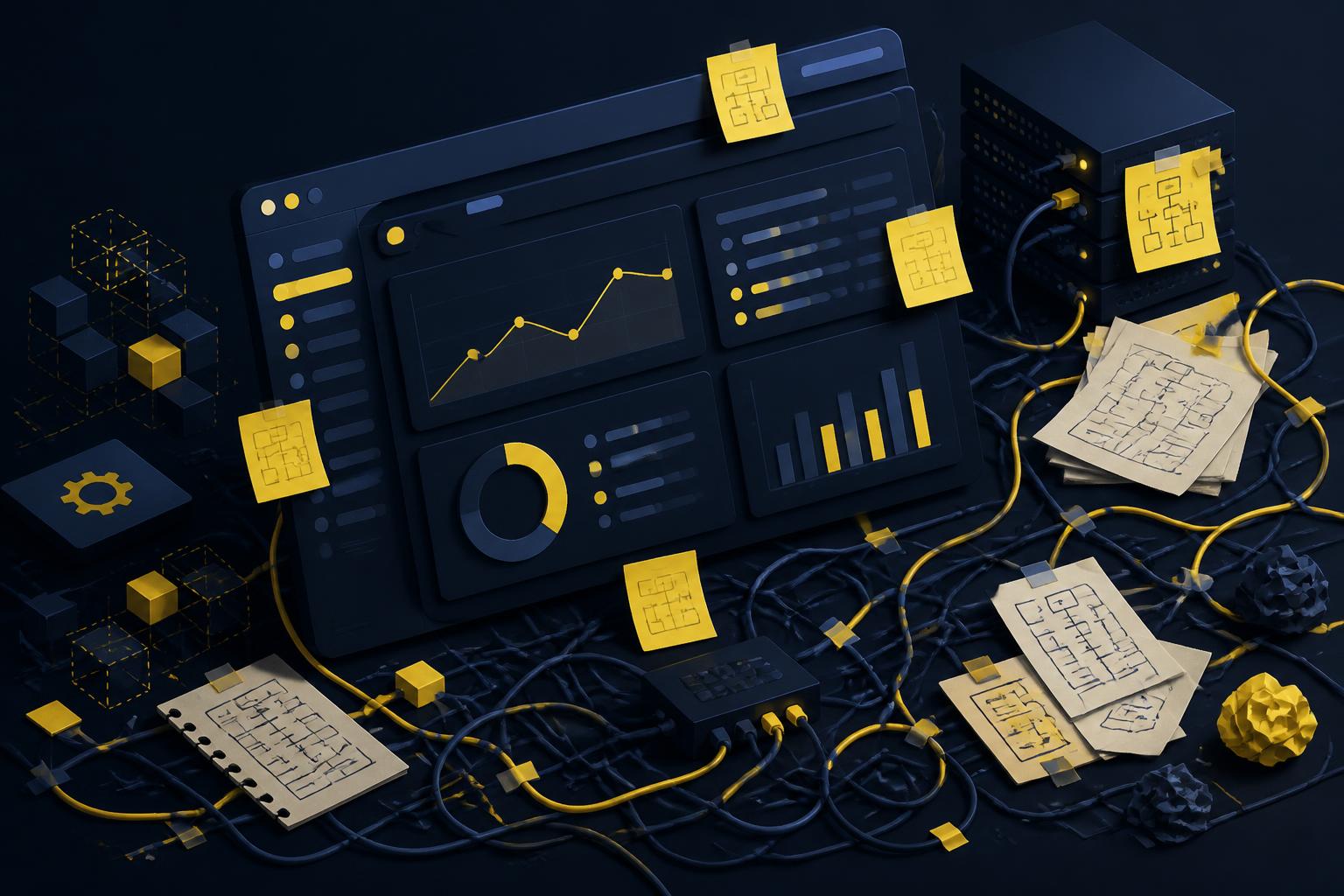 A sleek software dashboard layered with sticky-note workarounds and tangled wires representing accumulated technical debt